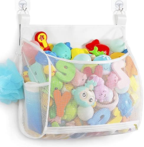 Ligereza Baby Mesh Bath Toy Organizer, Multiple Ways to Hang, Ultra Large Capacity & Large Opening, Bathroom Toy Holder, Bath Toy Storage Bag With 2 Side Pockets (Large White) Ligereza