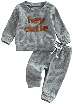 Madjtlqy для маленьких девочек и мальчиков, осенне-зимний комплект вафельной одежды, свитшот с длинными рукавами и буквенным принтом, топы + брюки Madjtlqy