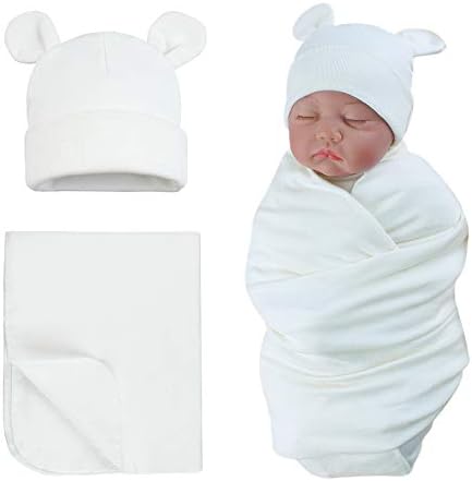 PESAAT Cotton Baby Swaddle Hat Set Newborn Infant Hats Receiving Blankets for Baby Boys Girls PESAAT