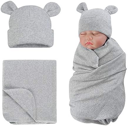 PESAAT Cotton Baby Swaddle Hat Set Newborn Infant Hats Receiving Blankets for Baby Boys Girls PESAAT