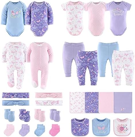 Набор одежды и предметов первой необходимости для новорожденных The Peanutshell, подарочный набор Layette из 30 предметов для маленьких девочек, одежда для детей 0–3 месяцев, фиолетовая бабочка The Peanutshell