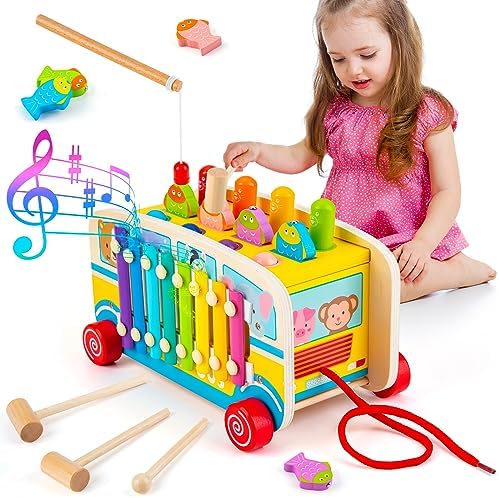 Sundaymot Wooden Montessori Toys for 1 Year Old, Hammering Pounding Toys, with Whack a mole Fishing Game Xylophone Preschool Learning Educational Toys, for 1 2 3 Year Toddler Christmas Birthday Gift Sundaymot