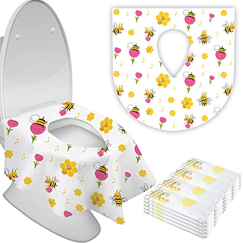 100 Pieces Toilet Seat Covers Disposable for Kids Toddler Flushable Toilet Covers Travel Pack Waterproof Potty Training Liner Pads Extra Large Foldable Toilet Covers for Baby and Adults (Bee) Rtteri