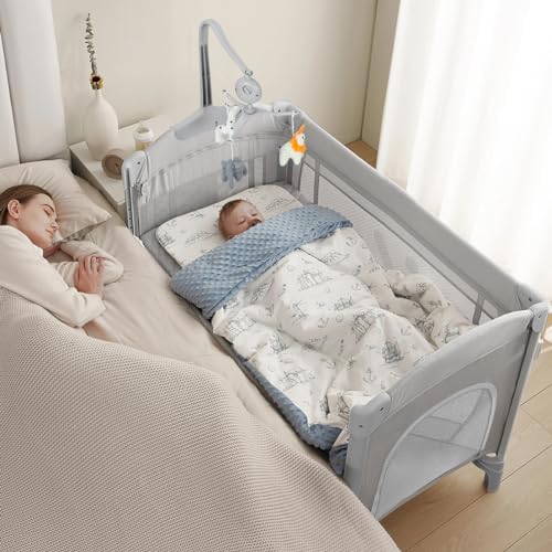 MMBABY 5-in-1 Pack and Play Portable Crib for Baby,Multifunction Bedside Crib from Newborn to Toddlers,U-Shaped Diaper Changer,Playard,Safety Strap,Carry Bag (Light Grey) MMBABY