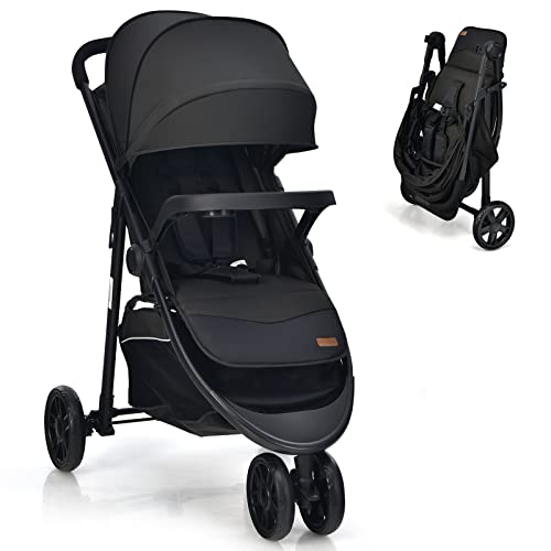 Прогулочная коляска BABY JOY, система перемещения Jogger с 5-точечными ремнями безопасности, регулируемым капюшоном/спинкой/подставкой для ног, корзиной для хранения и карманом, легкая детская коляска для новорожденных (черная) BABY JOY