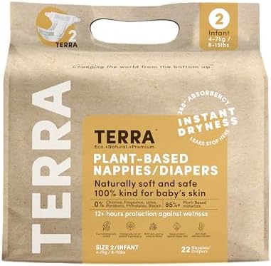 Подгузники для новорожденных Terra Size 1: 85% подгузников на растительной основе, ультрамягкие и не содержащие химикатов для чувствительной кожи, превосходная впитывающая способность для дневных и ночных подгузников, предназначены для новорожденных весом до 11 фунтов, 24 шт. Terra