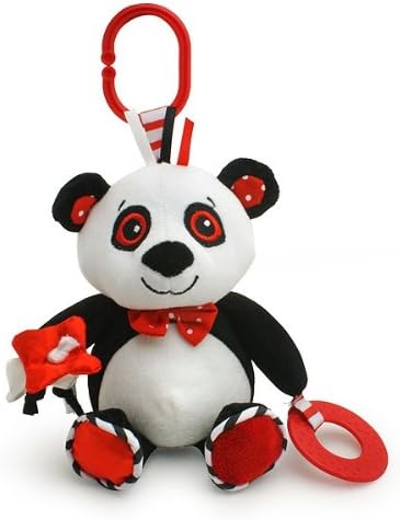 Genius Baby Toys Since 1998 | Panda Multisensory Plush Toy with Teether, Teething Ring, Squeaky Body and Crinkle Feet in Black, White and Red, Attaches to Stroller, 8" Tall Genius Baby Toys