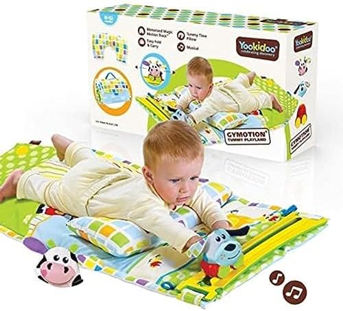 Yookidoo Baby Tummy Time Mat Музыкальный игровой коврик для новорожденных и тренажерный зал на открытом воздухе. Подушка, игрушки для прорезывания зубов и портативный складной футляр. 0-12 месяцев. Yookidoo