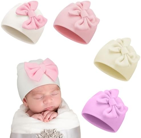 Шапки с бантом для недоношенных детей, 4 шт., шапка для недоношенных детей, теплая шапка для недоношенных детей, хлопковая шапка-бини для недоношенных девочек и мальчиков, новорожденных 3–7 фунтов Cuffbow