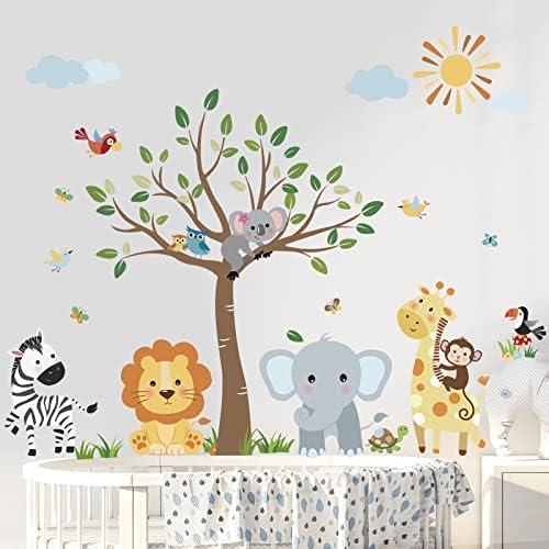 decalmile Forest Baby Animals Wall Decals Elephant Lion Giraffe Wall Stickers Baby Nursery Kids Room Daycare Wall Decor Decalmile