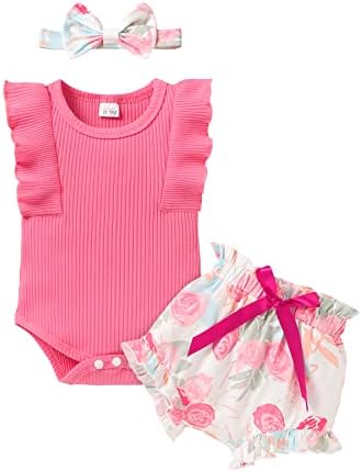Маленькая милая одежда для маленьких девочек, комплект летней одежды для младенцев, комбинезон с рюшами на рукавах и шорты с цветочным принтом и повязкой на голову Tiny Cutey