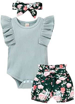 Маленькая милая одежда для маленьких девочек, комплект летней одежды для младенцев, комбинезон с рюшами на рукавах и шорты с цветочным принтом и повязкой на голову Tiny Cutey
