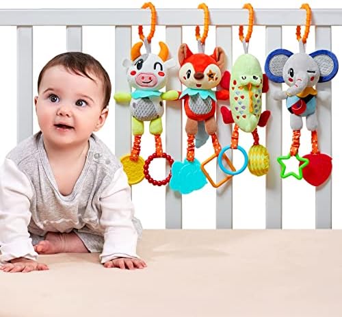 TUMAMA, 4 упаковки детских игрушек для детей 0, 3, 6, 9, 12 месяцев, подвесные игрушки для кроватки для развития новорожденных, автокресло, коляска, мягкие плюшевые игрушки-погремушки для малышей TUMAMA