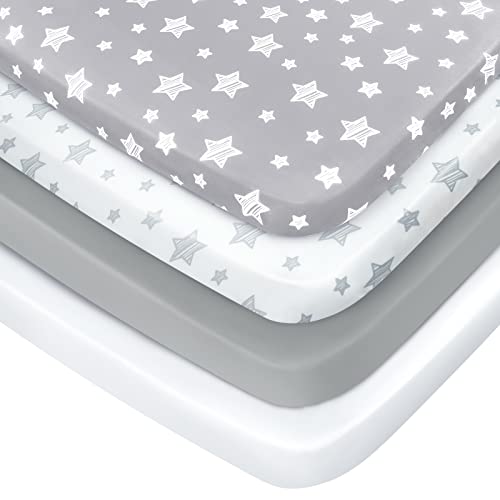 Pack and Play Sheets Boys, 4 Pack Mini Crib Sheets, Stretchy Pack and Play Playard Fitted Sheet, Compatible with Graco Pack n Play, Soft and Breathable Material, Navy Moonsea