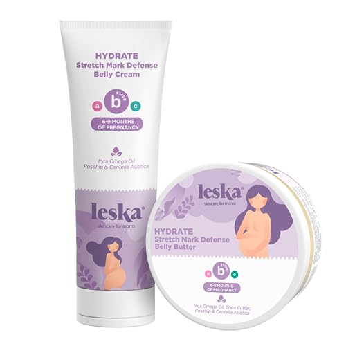 Maternity Cream 2-Pack | STAGE B: HYDRATE Stretch Mark Defense Belly Cream & Butter (Pregnancy Months 6-9) | Part of a Complete 3 Part Pregnancy Skin Care System (4-4.93oz) LESKA