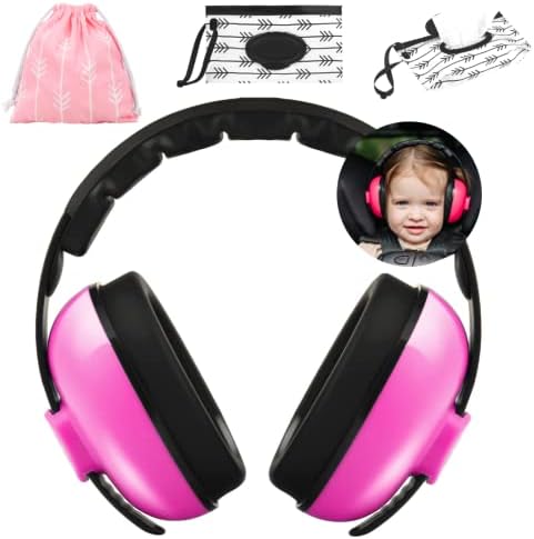 Наушники для младенцев с шумоподавлением — детские наушники от шума, для самолета, защитные наушники, наушники с шумоподавлением для младенцев, 3–36 месяцев, чехол и сумка для дополнительных салфеток — розовый Kiki Babies