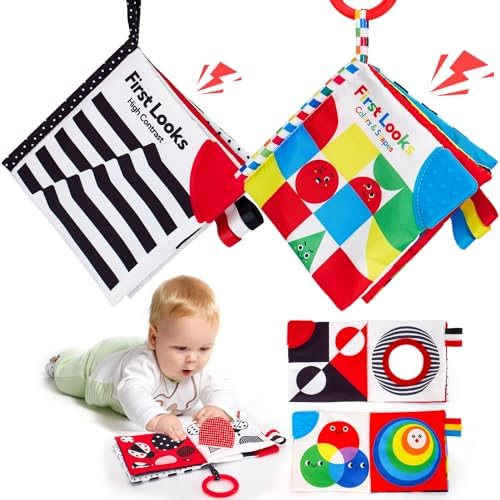 hahaland Baby Books 0-6 Months - 2PCS Infant Toys 0-6m Tummy Time Baby Toys Newborn Toys High Contrast Visual Development Sensory Baby Books Christmas Stocking Stuffers Hahaland