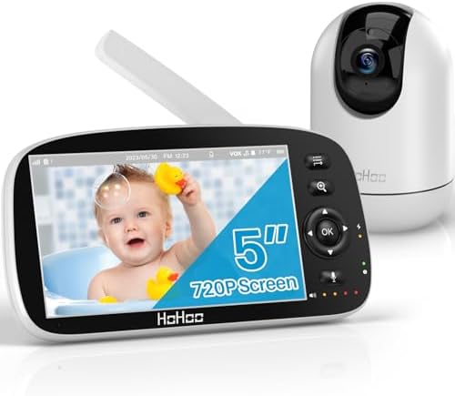 Baby Monitor, 5" 720P HD Split Screen, 30 Hours Battery Life Baby Monitor with Camera and Audio|Remote PTZ, Two-Way Audio, Zoom, Night Vision, Lullabies, 960ft Long Range HOHOO