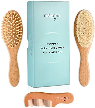 Natemia Baby Hair Brush and Comb Set for Newborns - Wooden Baby Hair Brush and Comb Set - Soft Bristle Hair Brush as Baby Registry Gift Set - Toddler Cradle Cap Brush - Baby Comb & Baby Brush Wooden Natemia