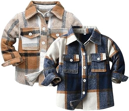 Feidoog Toddler 2 Pack Baby Boys and Girls Plaid Shirts Jacket Long Sleeve Lapel Button Down Shirt Top Outwear Clothes NO_BRAND