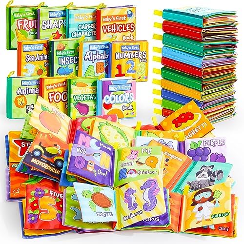 JOYIN 12 Pcs Bath Books, Nontoxic Fabric Soft Crinkly Cloth Books, Waterproof, Bathtub Pool and Early Education First Toys for Infant Newborn Baby Toddlers Kids Birthday Gifts JOYIN