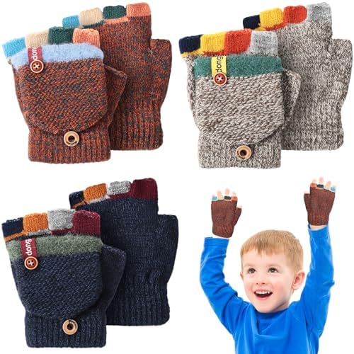 Kids Winter Gloves 3 Pairs Convertible Warm Gloves Flip Top Toddler Gloves Baby Gloves Infant Gloves for Kids 2-6 Years Handepo