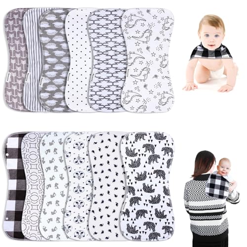 Baby Burp Cloths & Baby Bibs 2-in-1 Design Large Size 3 Layers Thicken 100% Cotton Super Absorbent and Soft Baby Spit Up Burping Rags Baby Burp Cloth Set for Boys and Girls 12 Pack Benoxine