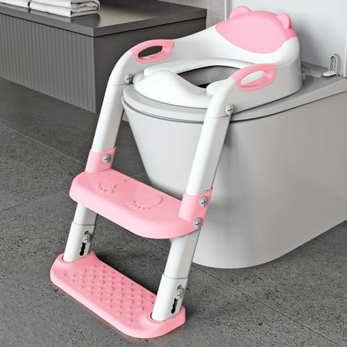 Сиденье для приучения к горшку с лестницей, 711TEK Туалет для приучения к горшку для детей, мальчиков и девочек - удобное безопасное сиденье для горшка с противоскользящими подушечками, лестница (розовый) 711TEK