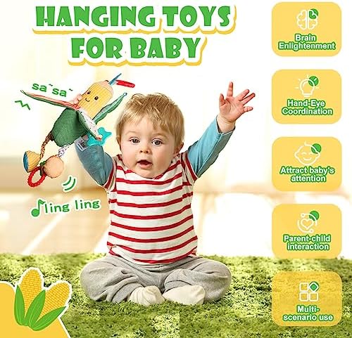 Hanging Rattles Toys, Car Seat toys for babies 0-6 months, Newborn Crib Toys Sensory Corn Soft stuff Baby Stroller Toys with Crinkle, Squeaky & Teether for Babies Boys Girls 0 3 6 9 to 12 Months PHEZAPA