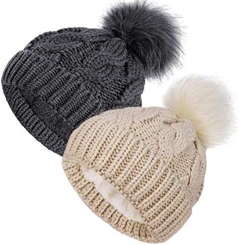 YSense, 2 комплекта зимних теплых шапок-бини для маленьких детей на флисовой подкладке для мальчиков и девочек, вязаная шапка с шариком крючком (1–6 лет) YSense