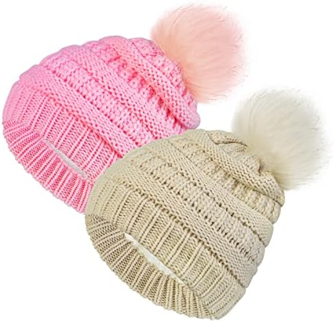 YSense, 2 комплекта зимних теплых шапок-бини для маленьких детей на флисовой подкладке для мальчиков и девочек, вязаная шапка с шариком крючком (1–6 лет) YSense