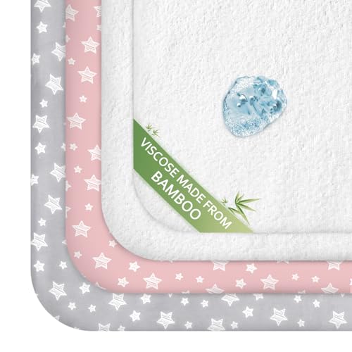 Pack and Play Sheets & Waterproof Terry Pack N Play Mattress Protector Pad Cover 4 Pack, Viscose Made from Bamboo Pack N Play Sheets Set, Grey & Pink Moonsea