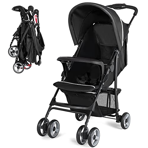 Легкая коляска Baby Joy, компактная дорожная коляска для малышей для самолета, детская коляска с регулируемой спинкой/подножкой/навесом, 5-точечные ремни безопасности, корзина для хранения, легко складывается одной рукой, черная Costzon