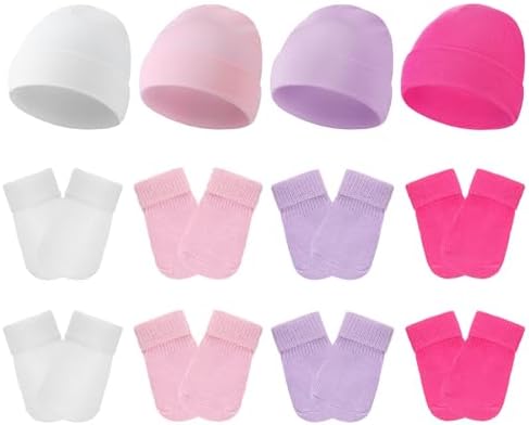Hercicy, комплект из 4 шапок и варежек для недоношенных детей, хлопковая шапочка для недоношенных детей, варежки без царапин, больничная шапка Nicu для недоношенных мальчиков и девочек Hercicy