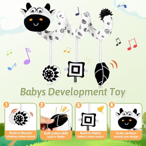 UCDOET Игрушки для автокресел для детей 0–6 месяцев, черно-белые высококонтрастные игрушки для новорожденных 0–3 месяцев, сенсорные погремушки для младенцев, спиральные подвесные игрушки для детской коляски/кроватки/люльки UCDOET