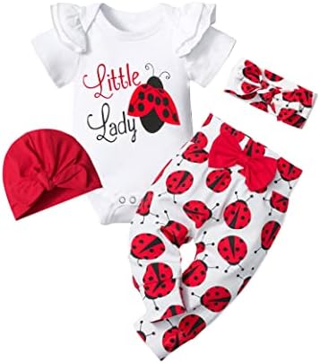 TyeSmo Комплект одежды для новорожденных девочек: белый топ с длинными рукавами и рюшами + штаны + повязка на голову + шапка, 4 шт., одежда для малышей 0–6 месяцев TyeSmo