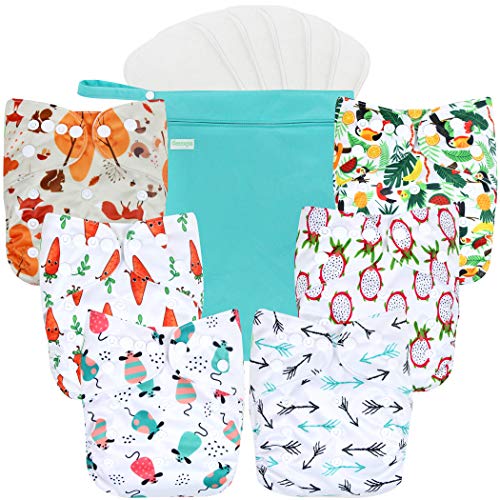 wegreeco Washable Reusable Baby Cloth Pocket Diapers 6 Pack + 6 Rayon Made from Bamboo Inserts (with 1 Wet Bag, Flower) Wegreeco