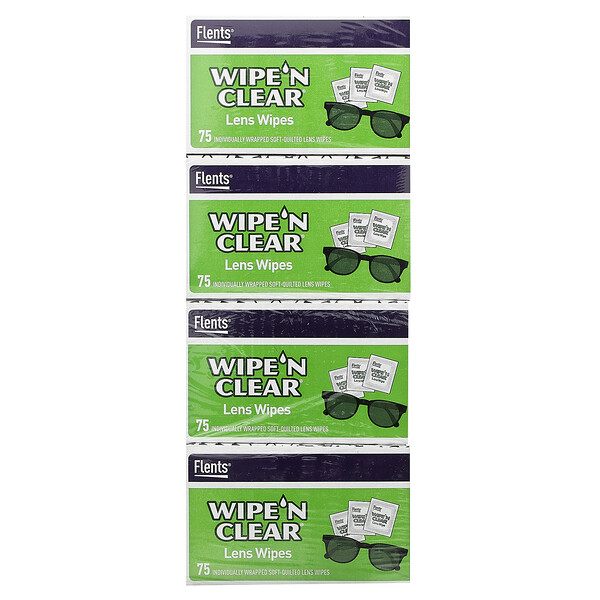 Wipe 'N Clear, салфетки для линз, 4 коробки, по 75 салфеток в каждой Flents