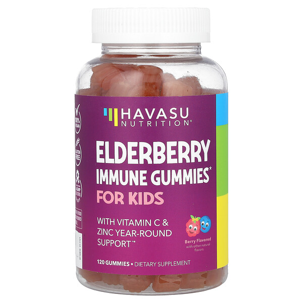 Elderberry Immune Gummies (Жевательные конфеты) with Vitamin C & Zinc For Kids, Berry, 120 Gummies Havasu Nutrition