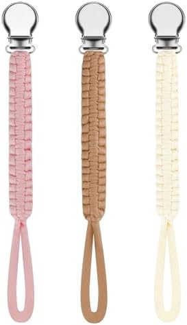 Pacifier Clips Leash Holder for Baby, Braided Unisex 3 Pack Binky Holder Teether Teething Toy for Newborn Girls and Boys Infant Toddler Shower Gift (Baby Pink, Camel, Buttercream) LcyKohn