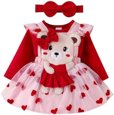 Xdftwdmgqe, наряд на День святого Валентина для маленьких девочек, тюлевой комбинезон с короткими рукавами и принтом сердца, комбинезон с повязкой на голову, платье для новорожденных Xdftwdmgqe