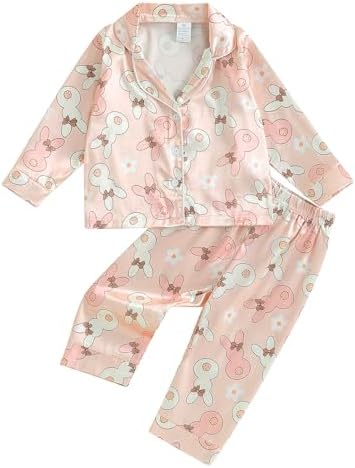 KelaJuan Детские пижамы с кроликом/сердечком, топы на пуговицах с лацканами и длинные штаны с эластичной резинкой на талии, пижамы для малышей, одежда для сна для девочек KelaJuan