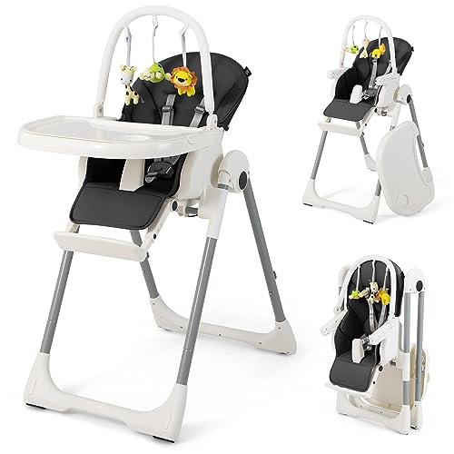 Детский стульчик для кормления HONEY JOY, складной стульчик для кормления для малышей, полка для игрушек, регулируемая высота и подножки, 4 наклона спинки, съемный двойной поднос, встроенные задние колеса с замками (серый) HONEY JOY