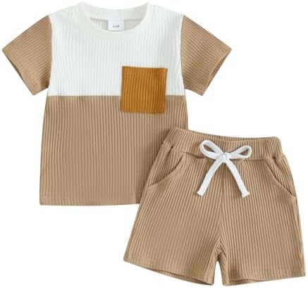 Fhutpw/летняя одежда для маленьких мальчиков, вязаная футболка в рубчик с короткими рукавами, лоскутная футболка, топы, шорты с карманами, комплект одежды для малышей Fhutpw