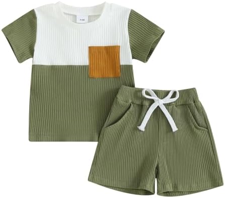 Fhutpw/летняя одежда для маленьких мальчиков, вязаная футболка в рубчик с короткими рукавами, лоскутная футболка, топы, шорты с карманами, комплект одежды для малышей Fhutpw