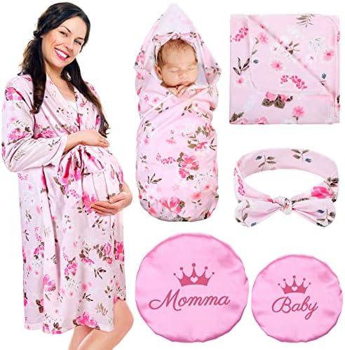 Mepase 5 Pcs Mommy and Me Robe Swaddle Headband Cap Set Including Maternity Robe Baby Blanket Headband Hat for Mom and Baby Mepase