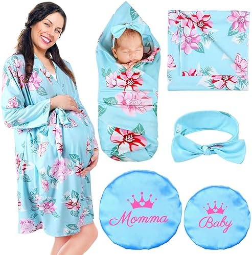 Mepase 5 Pcs Mommy and Me Robe Swaddle Headband Cap Set Including Maternity Robe Baby Blanket Headband Hat for Mom and Baby Mepase