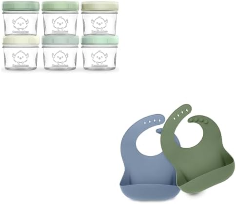 Стеклянные контейнеры для детского питания KeaBabies, 6 упаковок и 2 упаковки детских силиконовых нагрудников — герметичный контейнер для хранения детского питания, пригодный для использования в микроволновой печи, емкостью 4 унции — водонепроницаемый, легко протираемый силиконовый нагрудник для младенцев и малышей KeaBabies