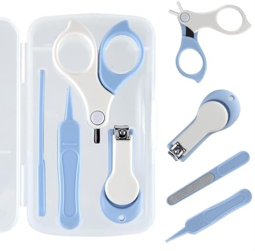 Baby Nail Kit, Baby Manicure Kit and Pedicure kit with Baby Nail Clipper, Scissor, Baby Nail File & Tweezer for Newborn, Infant & Toddler, Perfect for Mothers Day Gifts(Blue&White) Gloval Baby