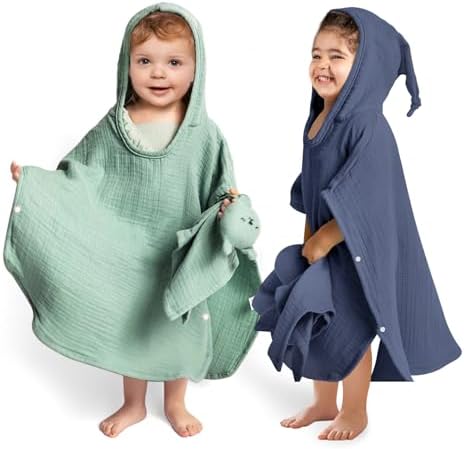 Детское полотенце-пончо с капюшоном lulumoon: муслиновое пончо для ванной для малышей — детские пляжные полотенца-пончо, 23 x 24 дюйма, 2 шт. (зеленый, синий) Lulumoon